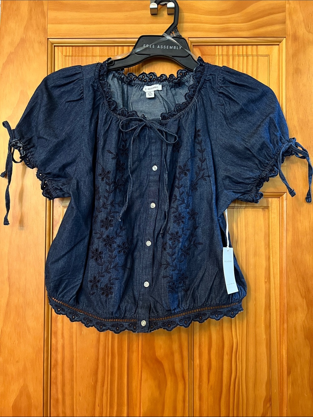 Denim Embroidered Peasant Top, peek-a-boo eyelet flowers, cropped a little